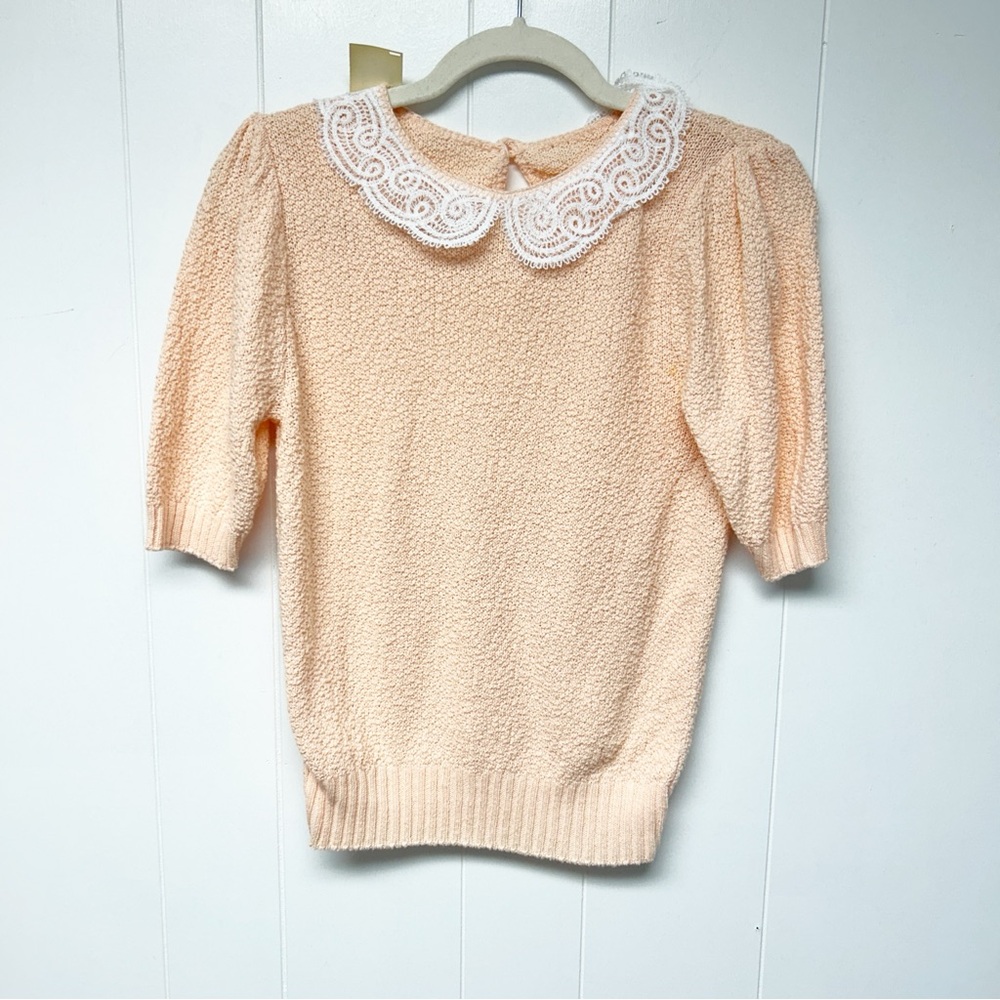 VTG NWT Peach Knit Sweater with Lace Collar Detail Made in the USA XS